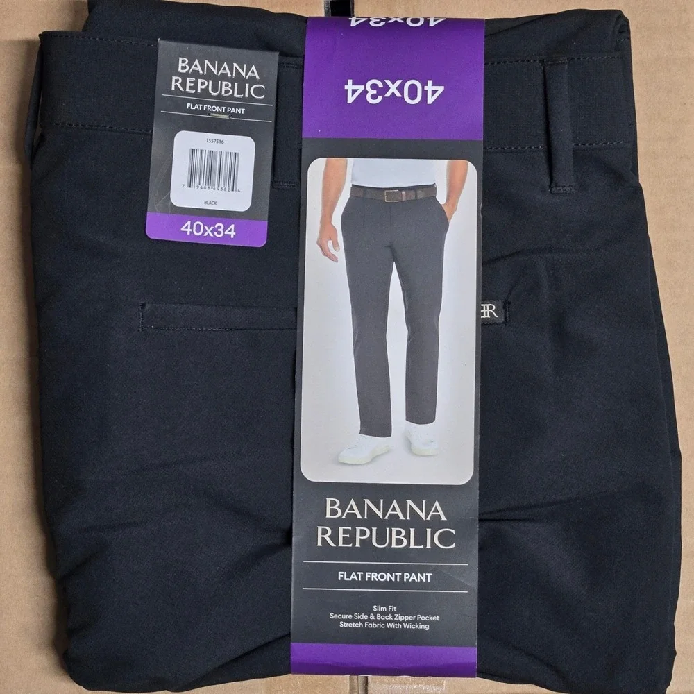 Banana Republic Mens 40x34 Black Flat Front Pants Slim Fit Stretch‎ Wicking New